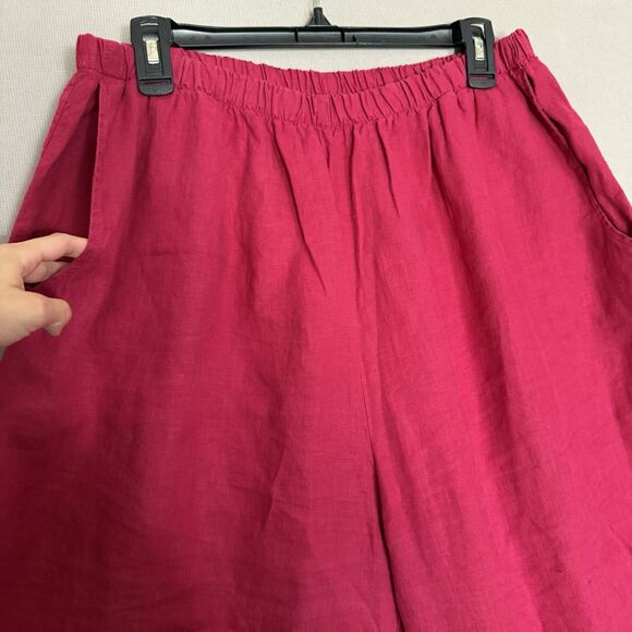 FLAX Designs Linen Pants 1G Fuschia Pink Women Wide Leg Lagenlook Pull On Pocket - Picture 2 of 10